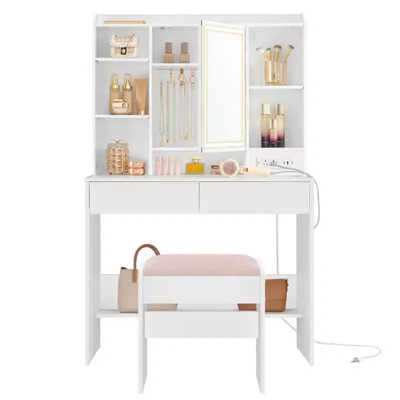 VASAGLE Coiffeuse avec Miroir et Lumières, Tabouret Rembourré, 6 Compartiments, 2 Tiroirs