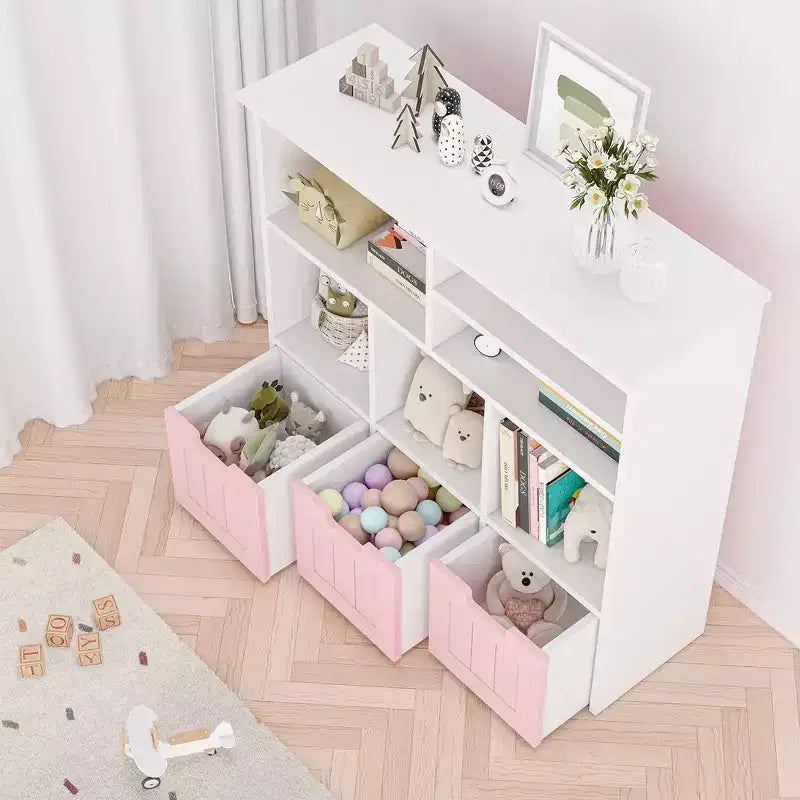 Meuble de rangement pour jouets, étagère à jouets pour enfants, bibliothèque avec roulettes cachées, 3 tiroirs amovibles pour chambre à coucher, salle de jeux et crèche, blanc rose