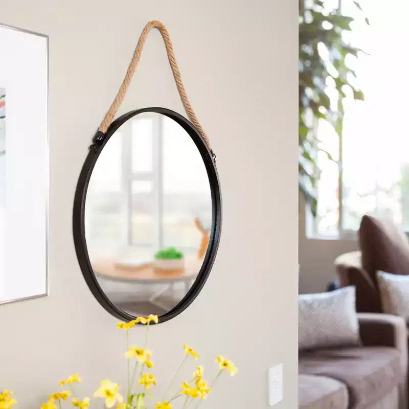 Danya B Miroir mural rond décoratif en métal noir avec corde de suspension, 50 cm