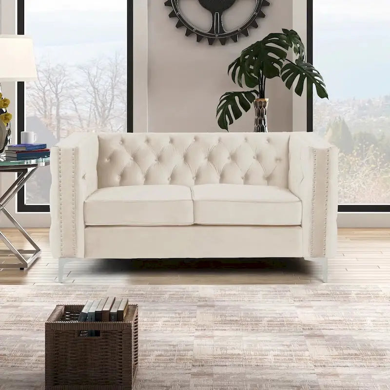 Causeuse et canapé modernes en velours hollandais beige, pieds en fer