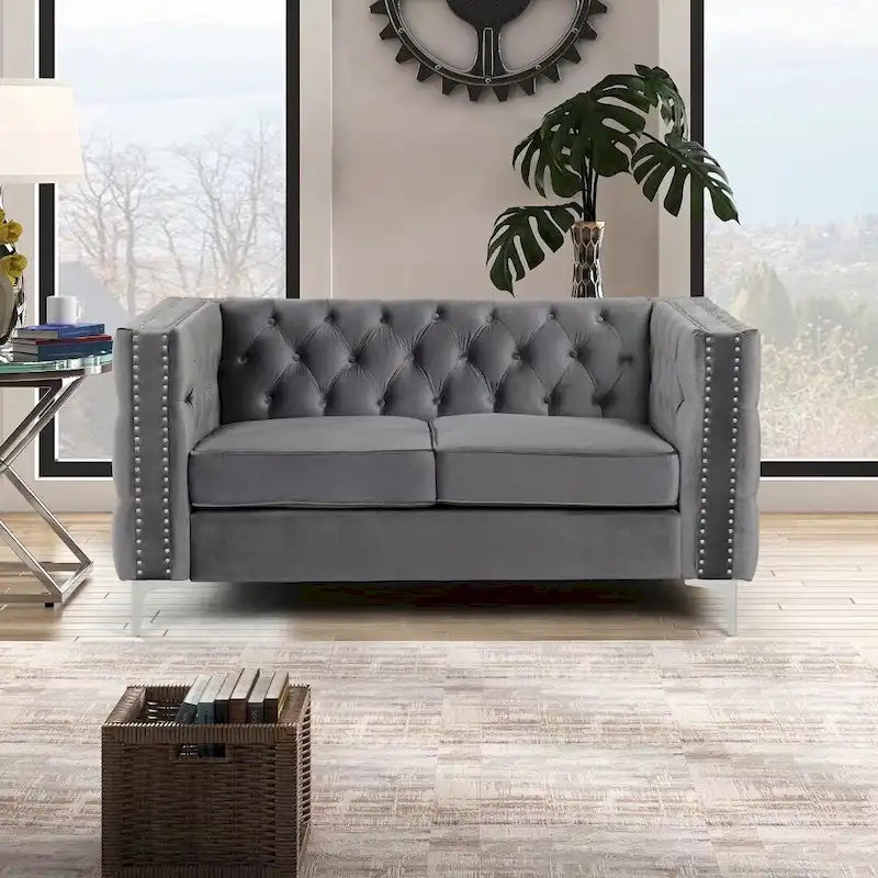 Causeuse et canapé modernes en velours hollandais beige, pieds en fer