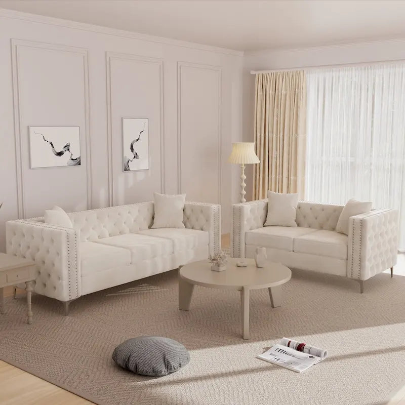 Causeuse et canapé modernes en velours hollandais beige, pieds en fer