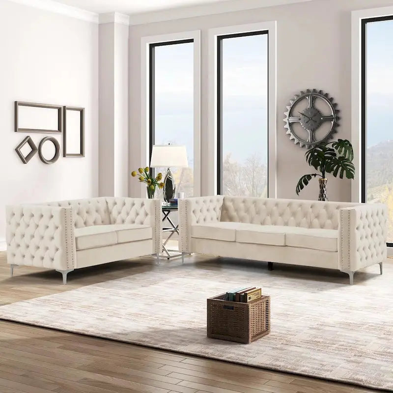 Causeuse et canapé modernes en velours hollandais beige, pieds en fer