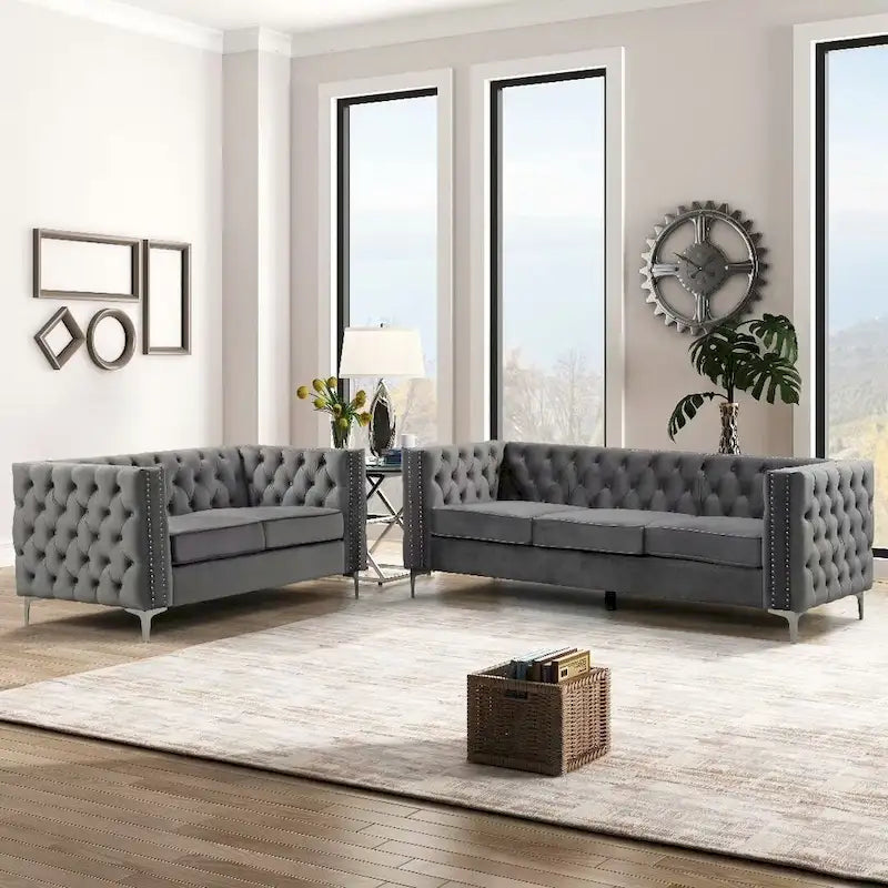 Causeuse et canapé modernes en velours hollandais beige, pieds en fer