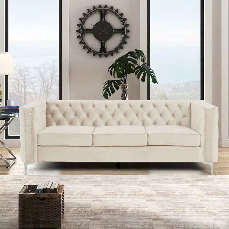 Causeuse et canapé modernes en velours hollandais beige, pieds en fer