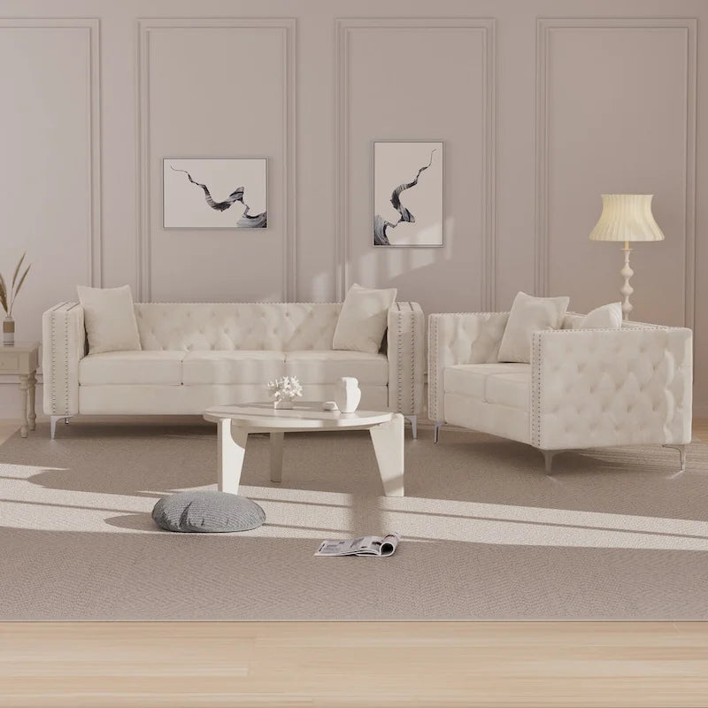 Causeuse et canapé modernes en velours hollandais beige, pieds en fer