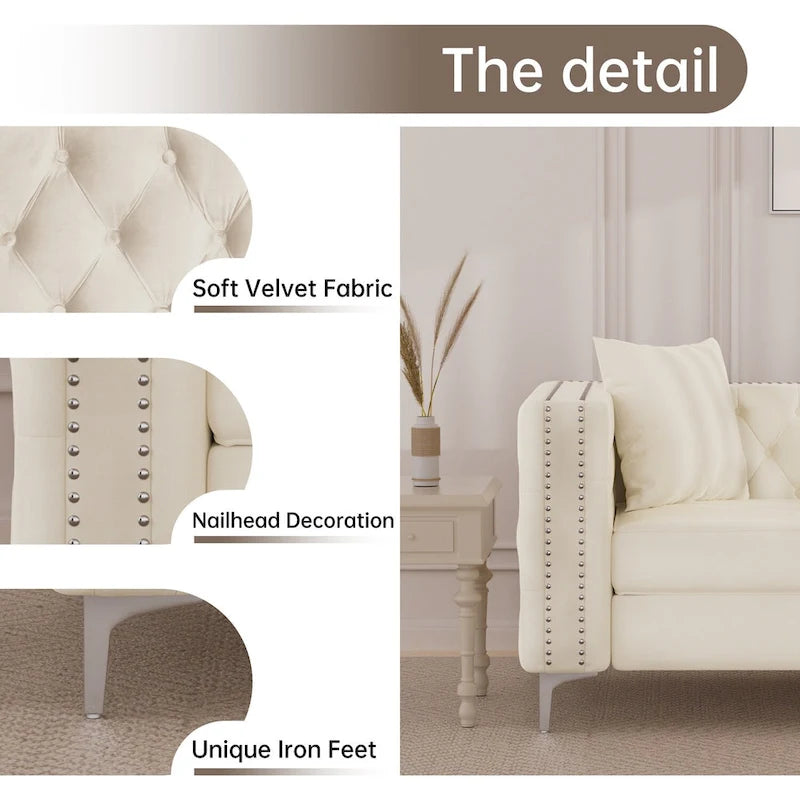 Causeuse et canapé modernes en velours hollandais beige, pieds en fer