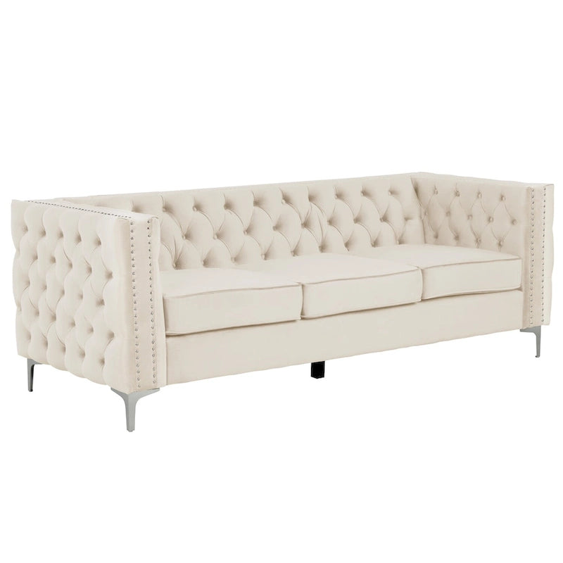 Causeuse et canapé modernes en velours hollandais beige, pieds en fer