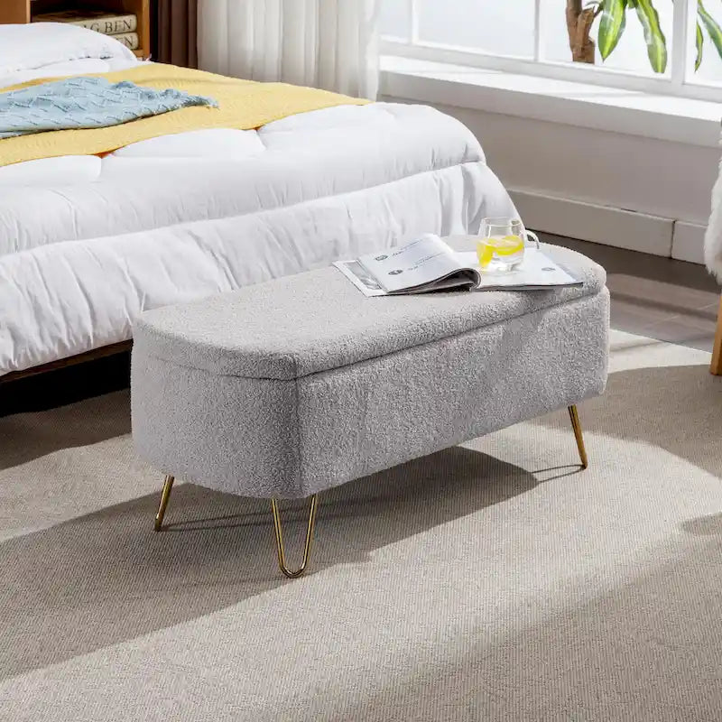 Faux Fur Entryway Bench Padded with Storage