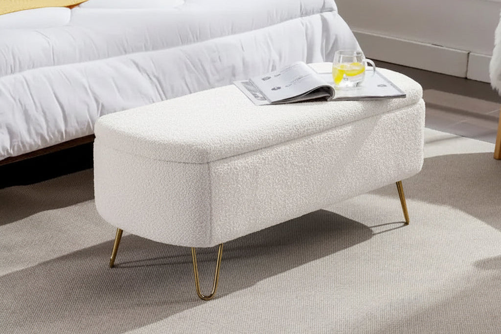 Banc d'entrée en fausse fourrure rembourré avec rangement