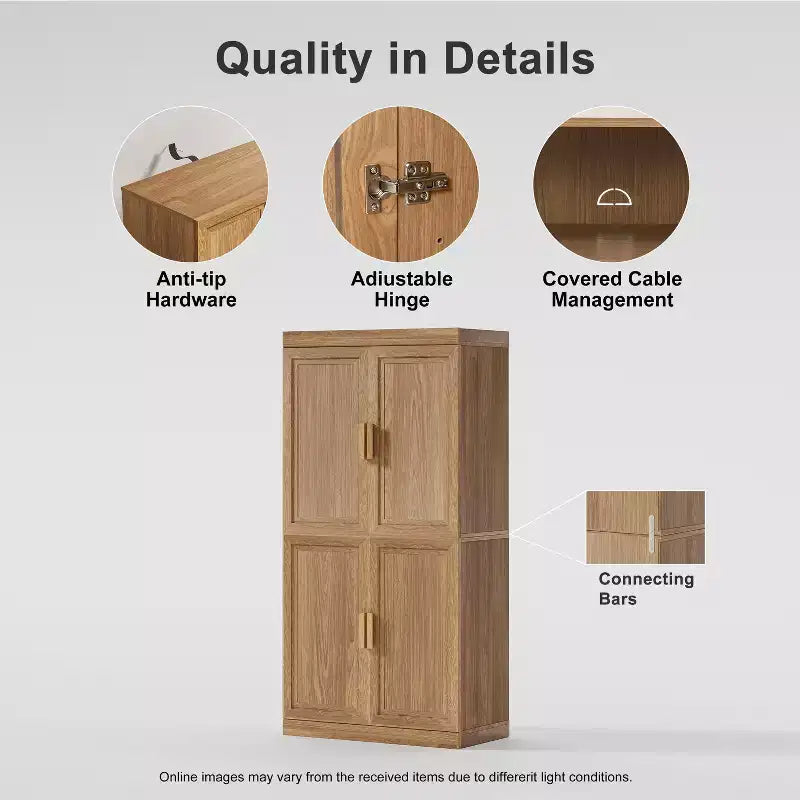 Étagère décorative Dovelina en grain de bois avec portes et cloisons réglables