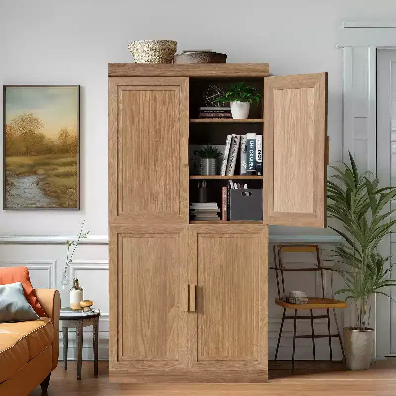 Étagère décorative Dovelina en grain de bois avec portes et cloisons réglables