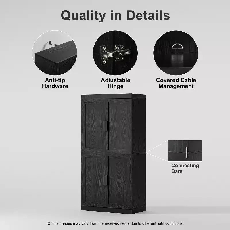 Étagère décorative Dovelina en grain de bois avec portes et cloisons réglables