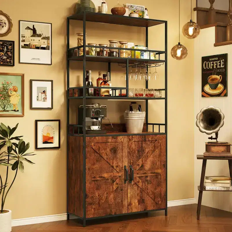 Garvee Étagère de Boulanger Industrielle avec Armoire 31,49W*11,8D*70,8 H Casier à Vin Marron