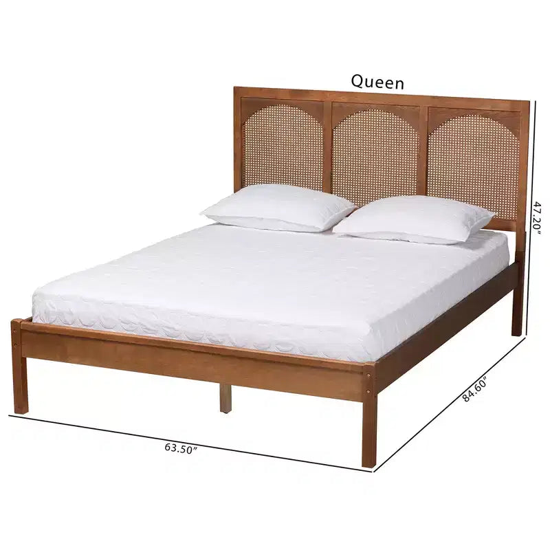 Lit plate-forme queen size Baxton Studio Blossom classique et traditionnel en bois de noyer cendré et rotin