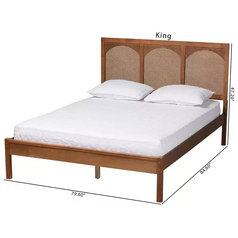 Lit plate-forme queen size Baxton Studio Blossom classique et traditionnel en bois de noyer cendré et rotin
