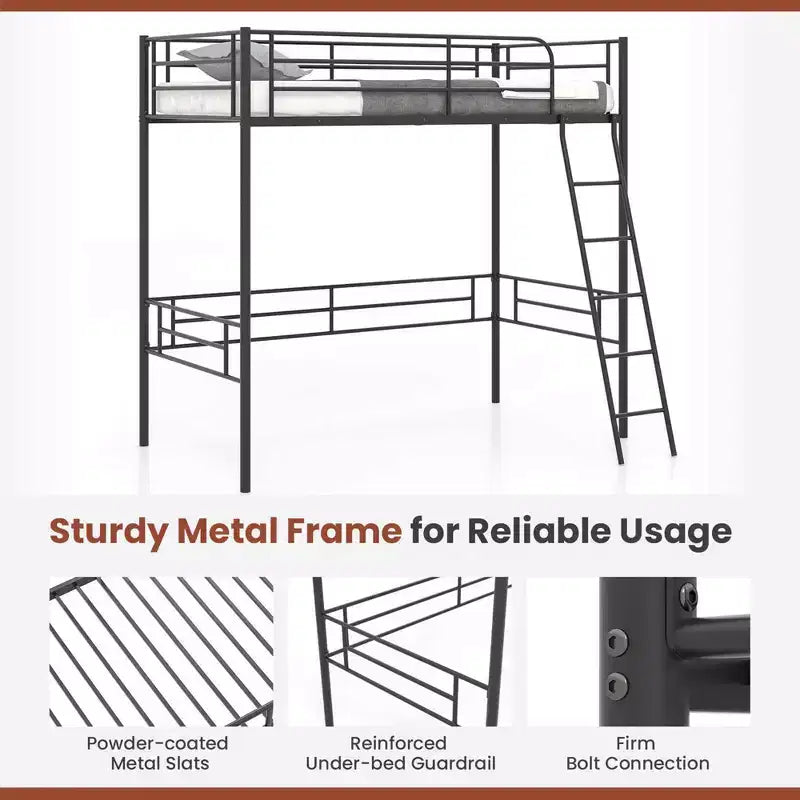 Cadre de lit mezzanine simple en métal Costway avec échelle et barrières de sécurité