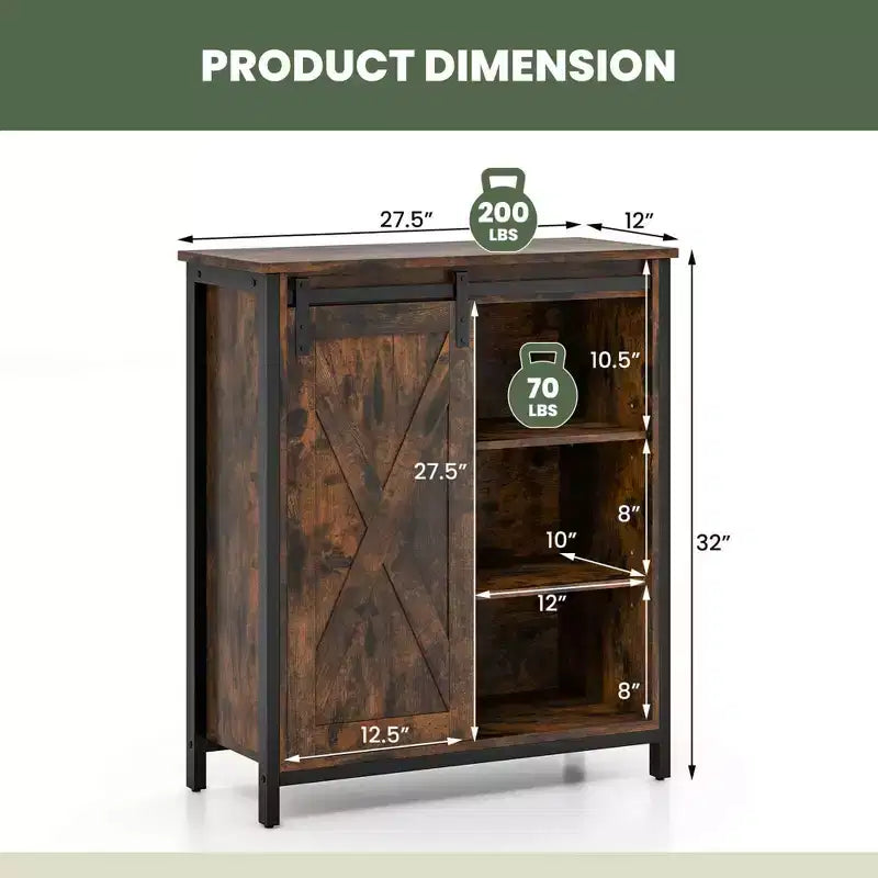 Meuble de rangement d'appoint Costway 32" style ferme avec porte coulissante de grange et étagères réglables