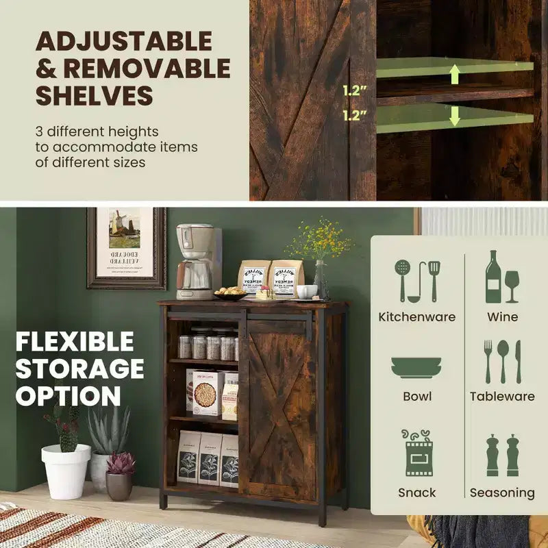 Meuble de rangement d'appoint Costway 32" style ferme avec porte coulissante de grange et étagères réglables