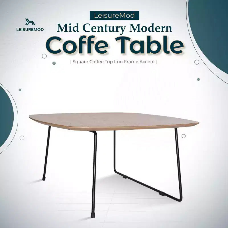 Table basse carrée LeisureMod Pembroke Mid-Century Modern avec plateau en bois et cadre en fer thermolaqué, Bois naturel