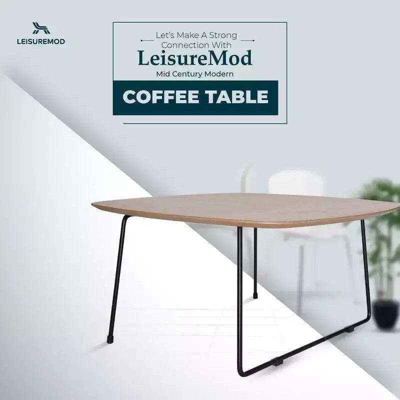 Table basse carrée LeisureMod Pembroke Mid-Century Modern avec plateau en bois et cadre en fer thermolaqué, Bois naturel