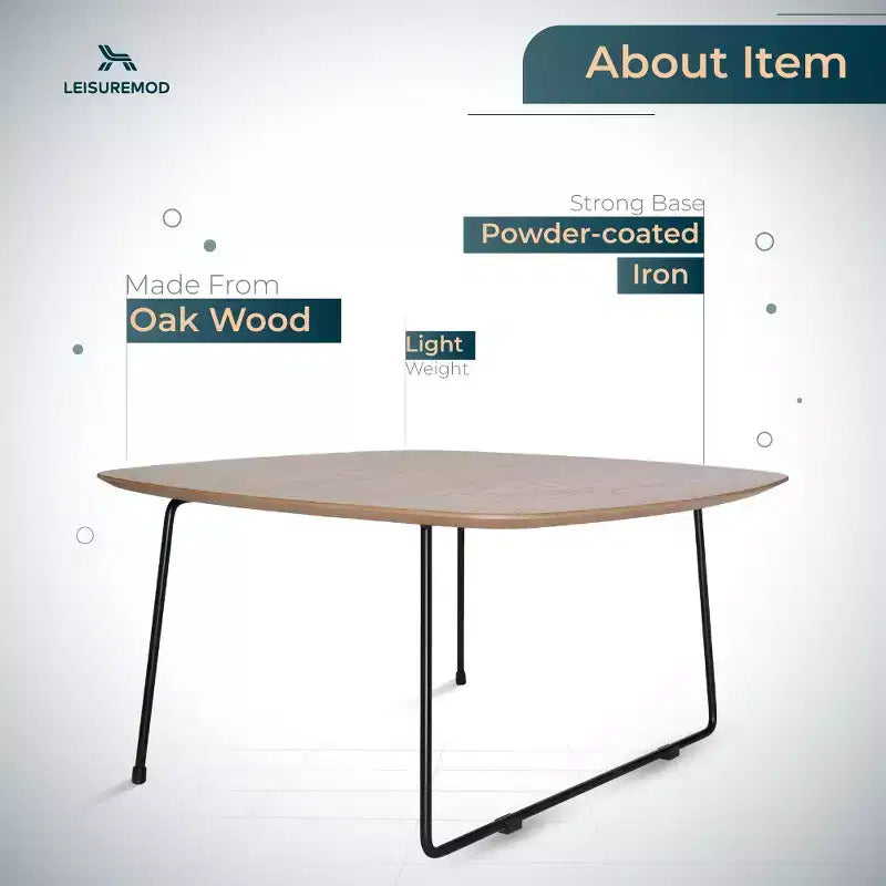 Table basse carrée LeisureMod Pembroke Mid-Century Modern avec plateau en bois et cadre en fer thermolaqué, Bois naturel
