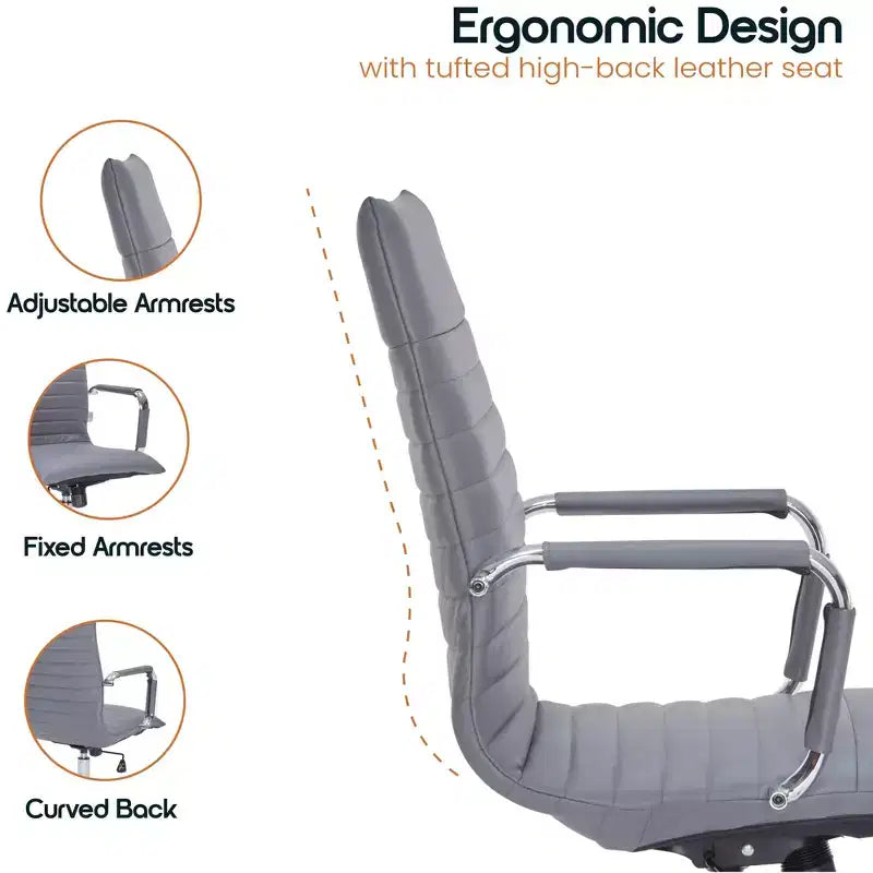 Fauteuil de bureau LeisureMod Harris - Cuir côtelé avec structure en métal chromé - Chaise de bureau moderne pivotante et inclinable