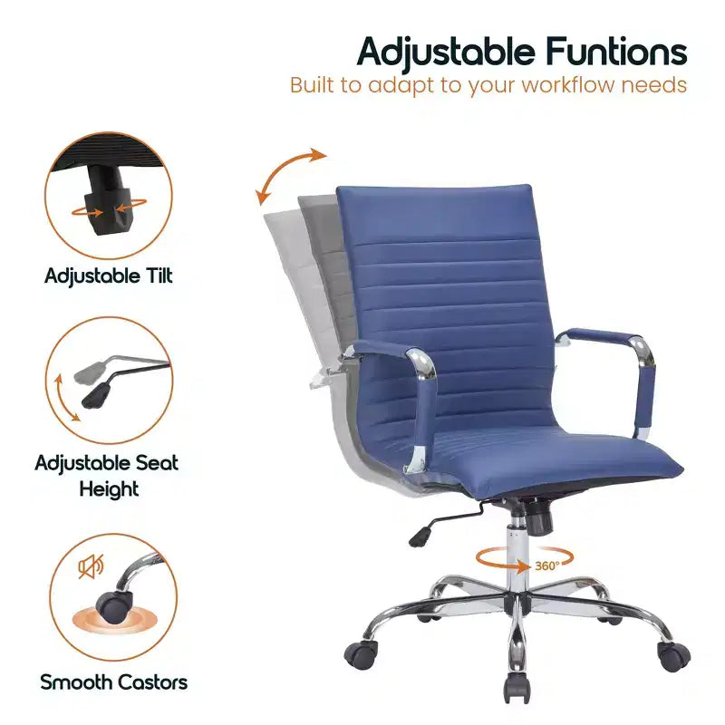 Fauteuil de bureau LeisureMod Harris - Cuir côtelé avec structure en métal chromé - Chaise de bureau moderne pivotante et inclinable