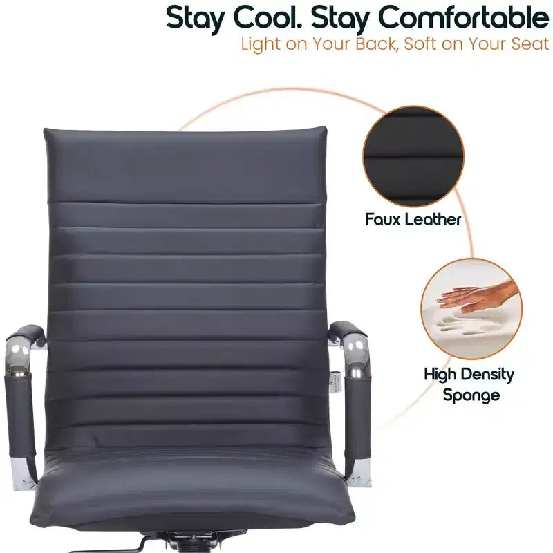 Fauteuil de bureau LeisureMod Harris - Cuir côtelé avec structure en métal chromé - Chaise de bureau moderne pivotante et inclinable