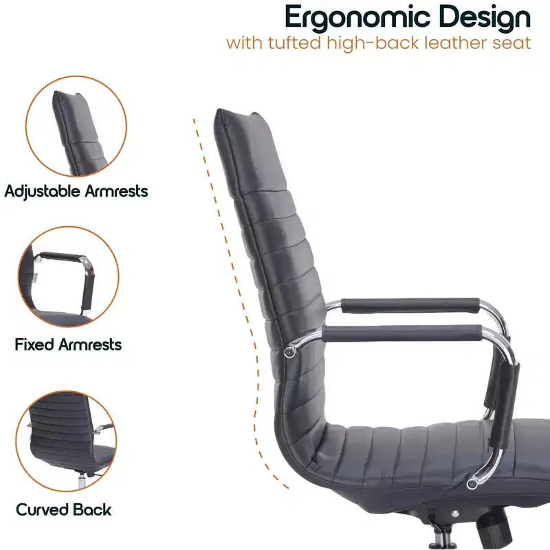 Fauteuil de bureau LeisureMod Harris - Cuir côtelé avec structure en métal chromé - Chaise de bureau moderne pivotante et inclinable