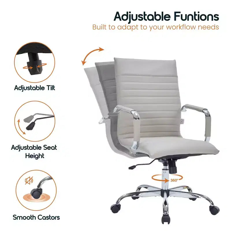 Fauteuil de bureau LeisureMod Harris - Cuir côtelé avec structure en métal chromé - Chaise de bureau moderne pivotante et inclinable