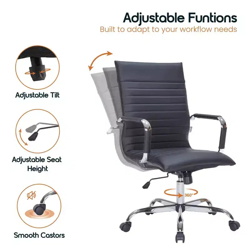 Fauteuil de bureau LeisureMod Harris - Cuir côtelé avec structure en métal chromé - Chaise de bureau moderne pivotante et inclinable