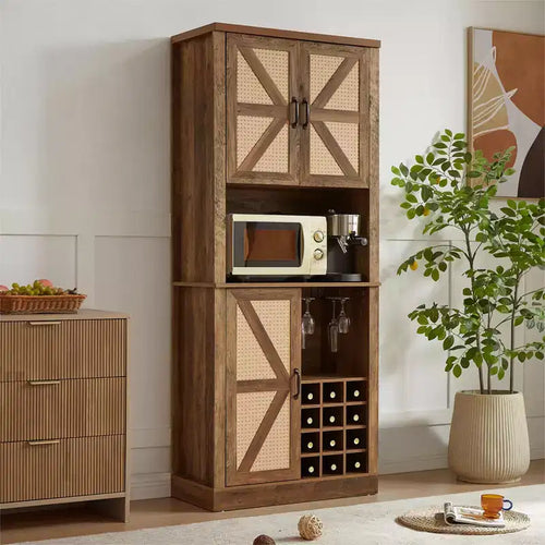 76.4H Tall Wooden Faux Rattan Storage Cabinet, Kitchen Bar Cabinet with Square Compartments, Doors and Shelves, 4Q -ModernLuxe