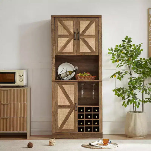 Meuble de rangement en bois imitation rotin de 194 cm de haut, buffet de cuisine avec compartiments carrés, portes et étagères, 4Q -ModernLuxe