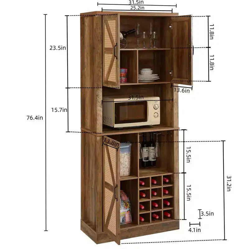 Meuble de rangement en bois imitation rotin de 194 cm de haut, buffet de cuisine avec compartiments carrés, portes et étagères, 4Q -ModernLuxe