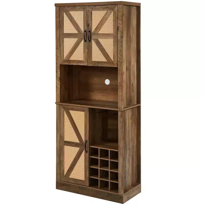 Meuble de rangement en bois imitation rotin de 194 cm de haut, buffet de cuisine avec compartiments carrés, portes et étagères, 4Q -ModernLuxe