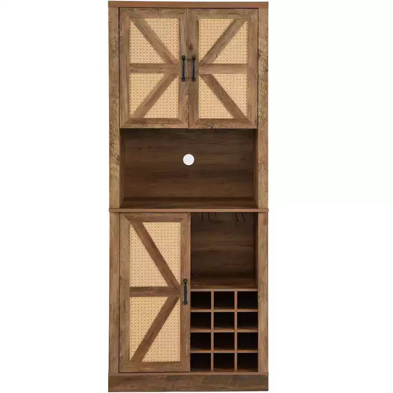 Meuble de rangement en bois imitation rotin de 194 cm de haut, buffet de cuisine avec compartiments carrés, portes et étagères, 4Q -ModernLuxe