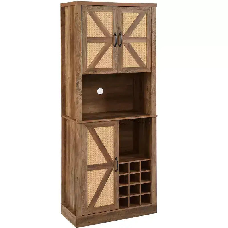 Meuble de rangement en bois imitation rotin de 194 cm de haut, buffet de cuisine avec compartiments carrés, portes et étagères, 4Q -ModernLuxe