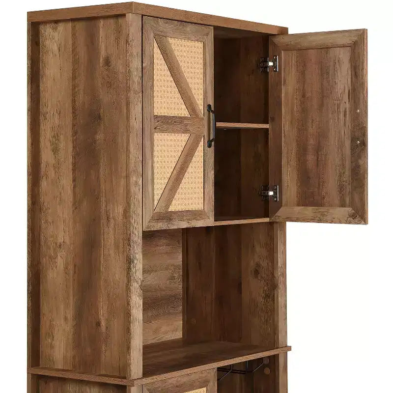 Meuble de rangement en bois imitation rotin de 194 cm de haut, buffet de cuisine avec compartiments carrés, portes et étagères, 4Q -ModernLuxe