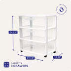 Chariot de rangement à 3 tiroirs Homz haut en plastique solide avec roulettes pour salon, cuisine, chambre, salle de bain et plus encore