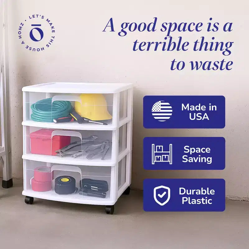 Chariot de rangement à 3 tiroirs Homz haut en plastique solide avec roulettes pour salon, cuisine, chambre, salle de bain et plus encore