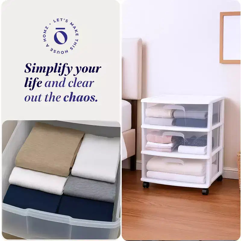Chariot de rangement à 3 tiroirs Homz haut en plastique solide avec roulettes pour salon, cuisine, chambre, salle de bain et plus encore