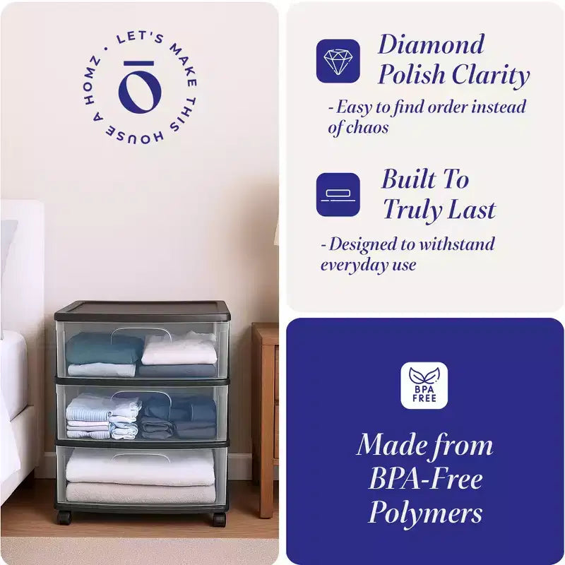 Chariot de rangement à 3 tiroirs Homz haut en plastique solide avec roulettes pour salon, cuisine, chambre, salle de bain et plus encore