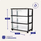 Chariot de rangement à 3 tiroirs Homz haut en plastique solide avec roulettes pour salon, cuisine, chambre, salle de bain et plus encore