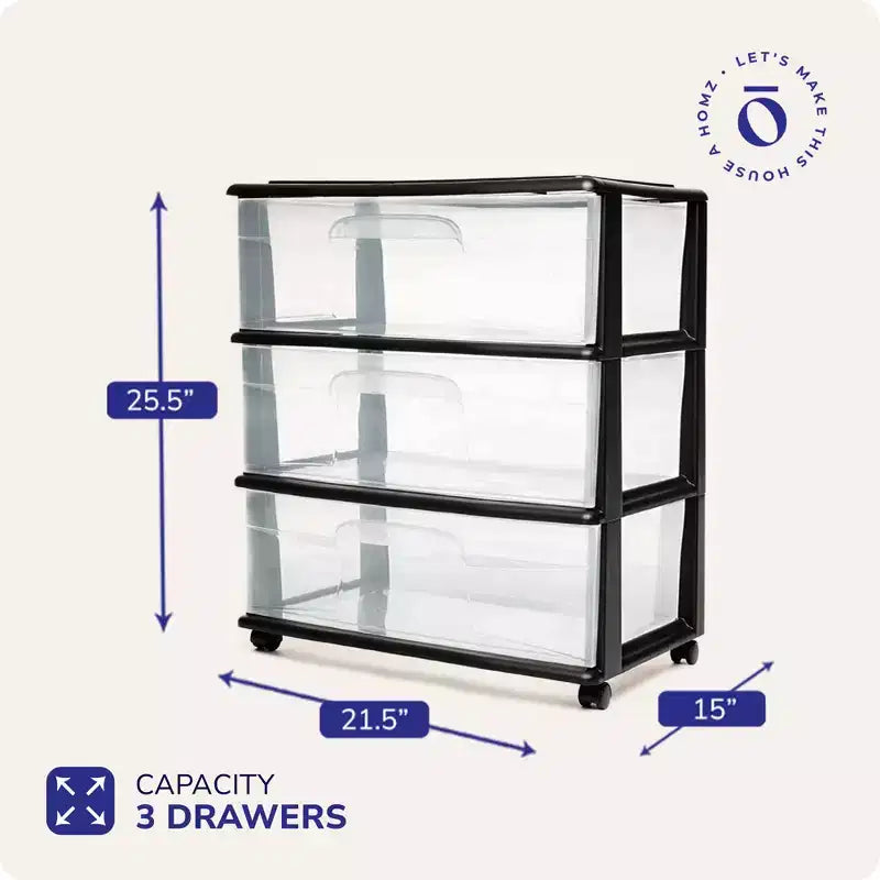 Chariot de rangement à 3 tiroirs Homz haut en plastique solide avec roulettes pour salon, cuisine, chambre, salle de bain et plus encore