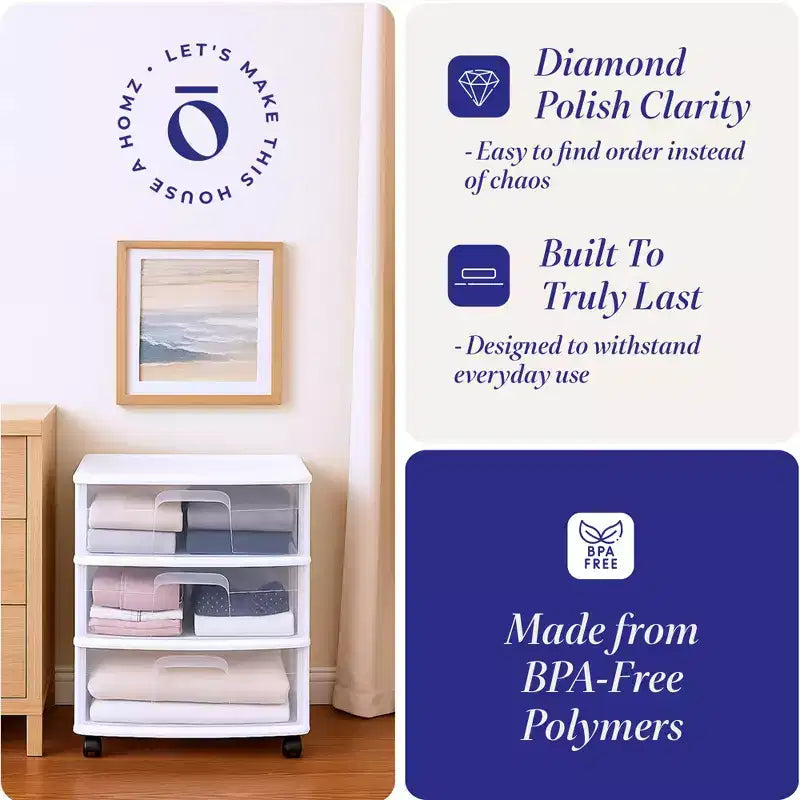 Chariot de rangement à 3 tiroirs Homz haut en plastique solide avec roulettes pour salon, cuisine, chambre, salle de bain et plus encore