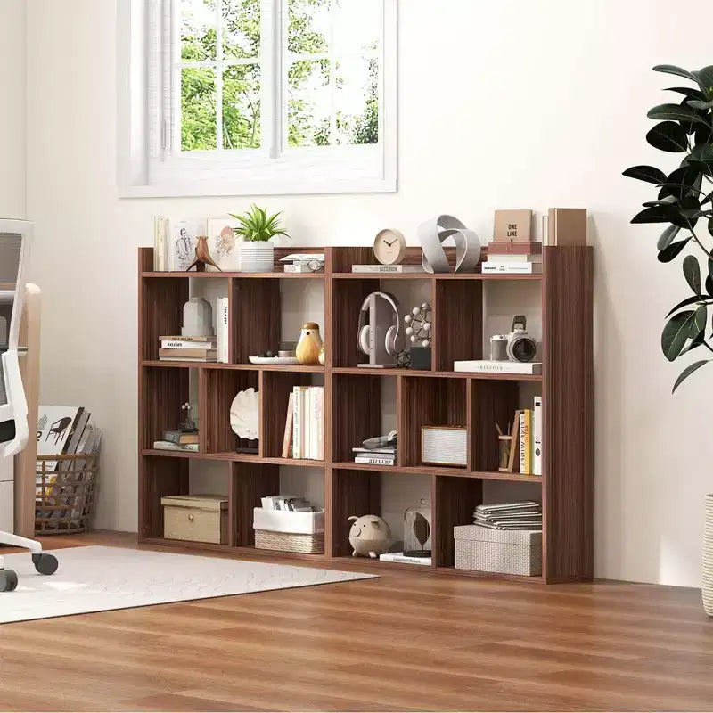 Costway Lot de 1/2 bibliothèques à 7 casiers, étagère de rangement ouverte avec kits anti-basculement pour salon Noyer