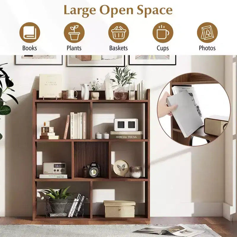 Costway Lot de 1/2 bibliothèques à 7 casiers, étagère de rangement ouverte avec kits anti-basculement pour salon Noyer