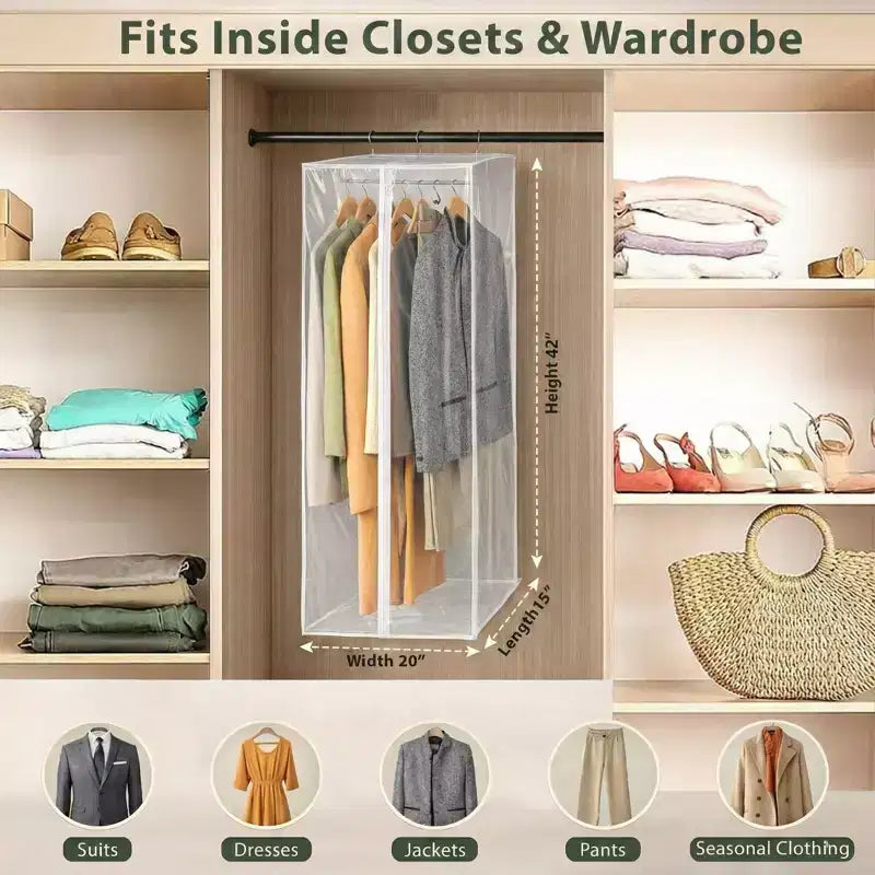 Housse de vêtement - Organiseur de placard suspendu transparent - Housse zippée durable avec tringle protège robes, costumes et vestes de la poussière et de l'humidité