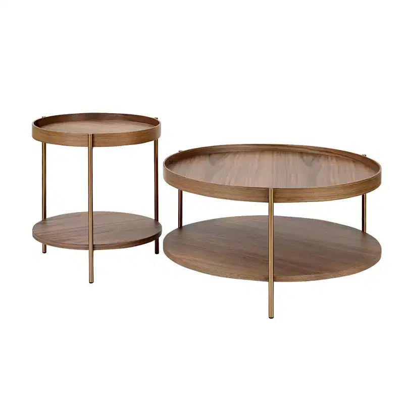 Ensemble de 2 tables basses rondes modernes à 2 niveaux, tables d'appoint élégantes en bois pour salon, chambre, bureau et balcon 4Q - ModernLuxe